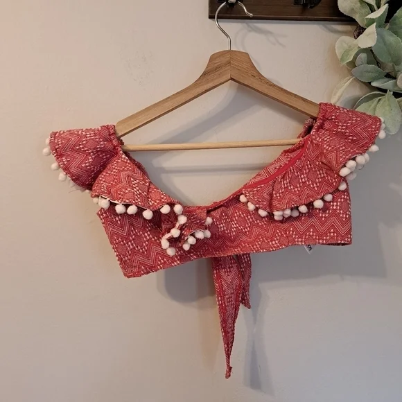 ASOS DESIGN jacquard pom pom frill beach red and white top size 2 - Picture 6 of 8